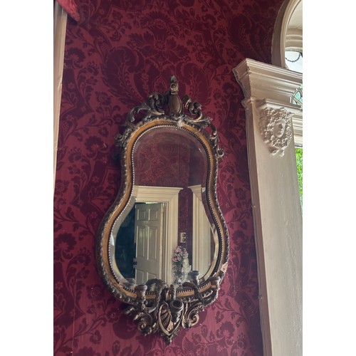 2 - A 19TH CENTURY GILT WOOD GIRANDOLE WALL MIRROR, 

90cm x 46cm