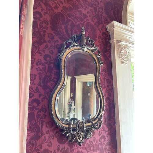 2 - A 19TH CENTURY GILT WOOD GIRANDOLE WALL MIRROR, 

90cm x 46cm