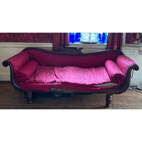 7 - A REGENCY MAHOGANY SOFA UPHOLSTERED IN DISTRESSED RED FLORAL FABRIC WITH TWO CUSHIONS, 

200cm x 80c... 