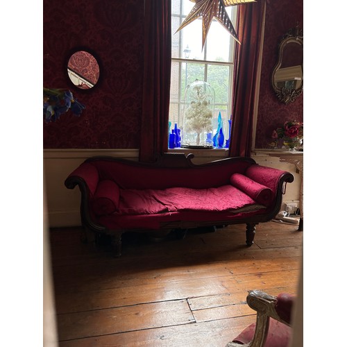 7 - A REGENCY MAHOGANY SOFA UPHOLSTERED IN DISTRESSED RED FLORAL FABRIC WITH TWO CUSHIONS, 

200cm x 80c... 