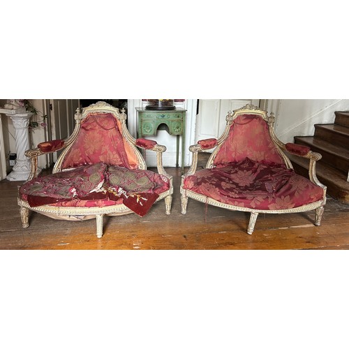 8 - A PAIR OF 19TH CENTURY FRENCH GILT WOOD CORNER CHAIRS UPHOLSTERED IN CRIMSON FLORAL FABRIC,

108cm x... 