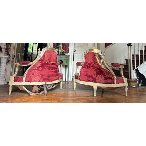 8 - A PAIR OF 19TH CENTURY FRENCH GILT WOOD CORNER CHAIRS UPHOLSTERED IN CRIMSON FLORAL FABRIC,

108cm x... 