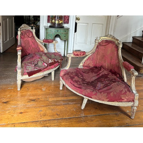 8 - A PAIR OF 19TH CENTURY FRENCH GILT WOOD CORNER CHAIRS UPHOLSTERED IN CRIMSON FLORAL FABRIC,

108cm x... 