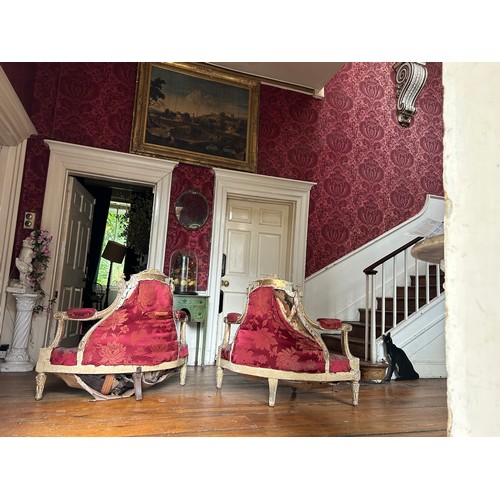 8 - A PAIR OF 19TH CENTURY FRENCH GILT WOOD CORNER CHAIRS UPHOLSTERED IN CRIMSON FLORAL FABRIC,

108cm x... 