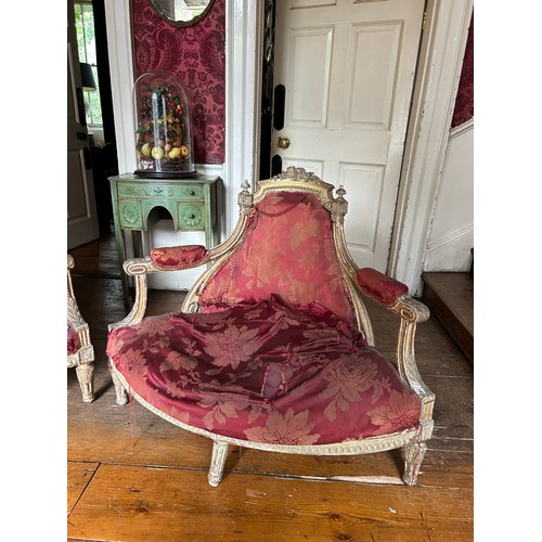 8 - A PAIR OF 19TH CENTURY FRENCH GILT WOOD CORNER CHAIRS UPHOLSTERED IN CRIMSON FLORAL FABRIC,

108cm x... 