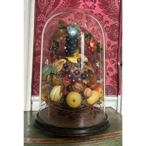 10 - A VICTORIAN GLASS DOME AND BASE FILLED WITH WAX FRUIT DIORAMA, 

53cm x 32cm