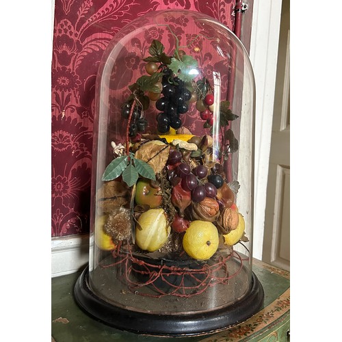 10 - A VICTORIAN GLASS DOME AND BASE FILLED WITH WAX FRUIT DIORAMA, 

53cm x 32cm