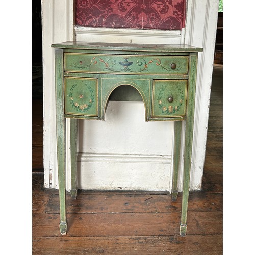 11 - A SHERATON STYLE GREEN PAINTED SIDE TABLE RAISED ON FOUR TAPERING LEGS, 

Painted with swags of laur... 