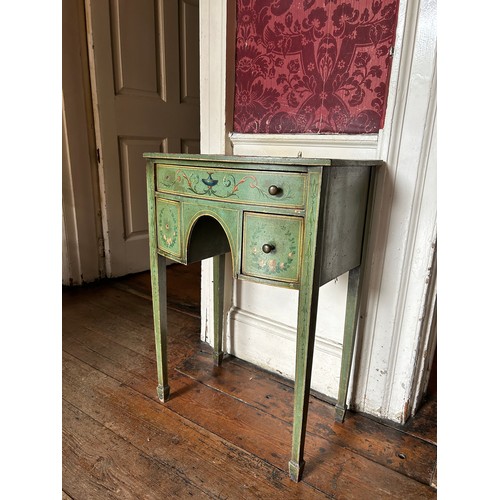 11 - A SHERATON STYLE GREEN PAINTED SIDE TABLE RAISED ON FOUR TAPERING LEGS, 

Painted with swags of laur... 