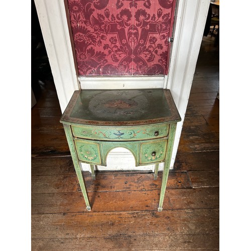 11 - A SHERATON STYLE GREEN PAINTED SIDE TABLE RAISED ON FOUR TAPERING LEGS, 

Painted with swags of laur... 