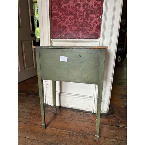 11 - A SHERATON STYLE GREEN PAINTED SIDE TABLE RAISED ON FOUR TAPERING LEGS, 

Painted with swags of laur... 