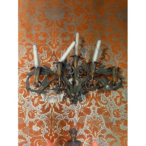 25 - A PAIR OF MID CENTURY FIVE ARM TOLEWARE WALL SCONCES PROBABLY ITALIAN, 

50cm x 27cm x 17cm