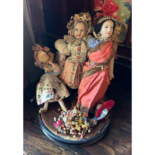 30 - A SMALL ANTIQUE GLASS DOME AND BASE WITH DIORAMA OF THREE DOLLS, 

32cm x 22cm