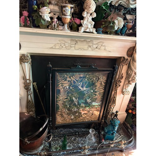 39 - A LATE 19TH CENTURY AESTHETIC PERIOD EBONISED FIRE SCREEN WITH PRESSED TAXIDERMY BIRDS AND FLOWERS,
... 