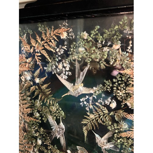 39 - A LATE 19TH CENTURY AESTHETIC PERIOD EBONISED FIRE SCREEN WITH PRESSED TAXIDERMY BIRDS AND FLOWERS,
... 