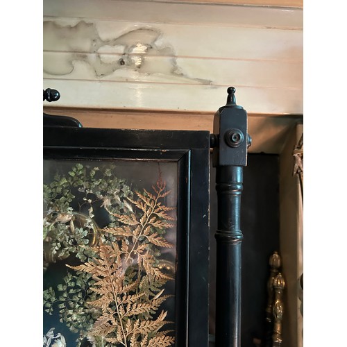 39 - A LATE 19TH CENTURY AESTHETIC PERIOD EBONISED FIRE SCREEN WITH PRESSED TAXIDERMY BIRDS AND FLOWERS,
... 