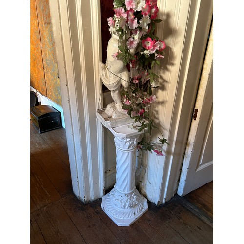 43 - TWO WHITE PAINTED PEDESTALS WITH CHERUBS AND WHITE VASE, 

Tallest pedestal 93cm H