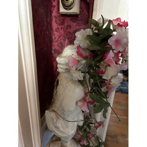 43 - TWO WHITE PAINTED PEDESTALS WITH CHERUBS AND WHITE VASE, 

Tallest pedestal 93cm H