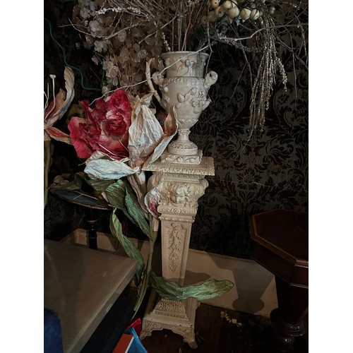 43 - TWO WHITE PAINTED PEDESTALS WITH CHERUBS AND WHITE VASE, 

Tallest pedestal 93cm H