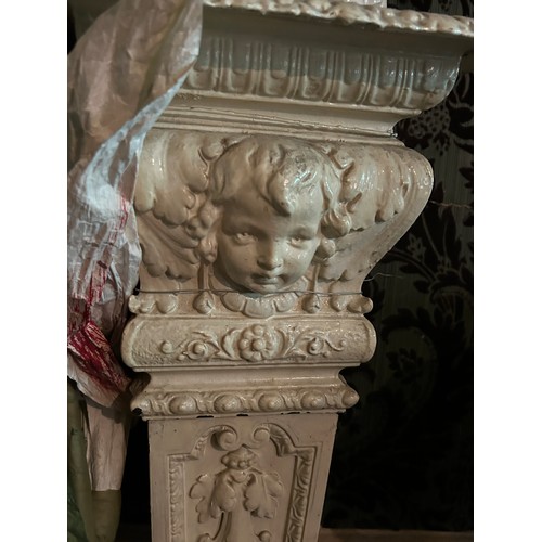 43 - TWO WHITE PAINTED PEDESTALS WITH CHERUBS AND WHITE VASE, 

Tallest pedestal 93cm H