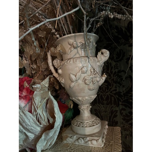 43 - TWO WHITE PAINTED PEDESTALS WITH CHERUBS AND WHITE VASE, 

Tallest pedestal 93cm H