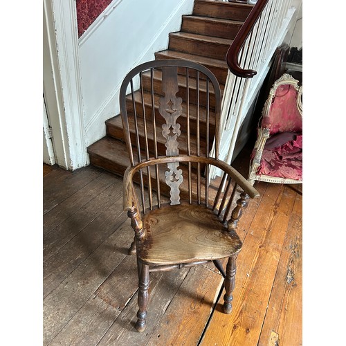 51 - AN ANTIQUE SPINDLE BACK WINDSOR ARMCHAIR ALONG WITH ANOTHER SIMILAR,

110cm x 55cm x 55cm