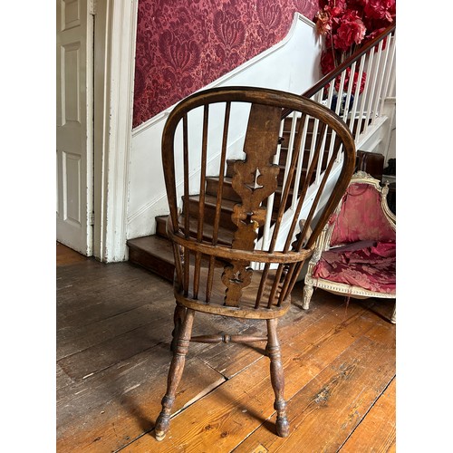 51 - AN ANTIQUE SPINDLE BACK WINDSOR ARMCHAIR ALONG WITH ANOTHER SIMILAR,

110cm x 55cm x 55cm