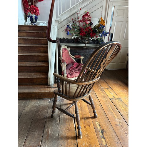 51 - AN ANTIQUE SPINDLE BACK WINDSOR ARMCHAIR ALONG WITH ANOTHER SIMILAR,

110cm x 55cm x 55cm