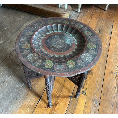 52 - A MOROCCAN BENARES TABLE WITH ENAMELLED TRAY, 

58cm x 53cm