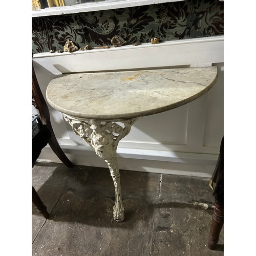 60 - A CAST IRON DEMI LUNE CONSOLE TABLE WITH MARBLE TOP, 

90cm x 72cm x 45cm