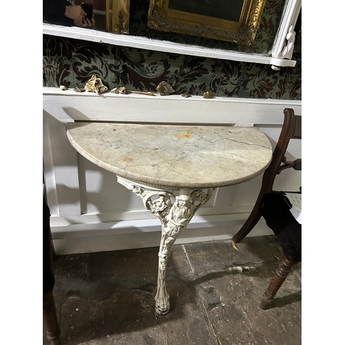 60 - A CAST IRON DEMI LUNE CONSOLE TABLE WITH MARBLE TOP, 

90cm x 72cm x 45cm