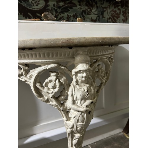 60 - A CAST IRON DEMI LUNE CONSOLE TABLE WITH MARBLE TOP, 

90cm x 72cm x 45cm