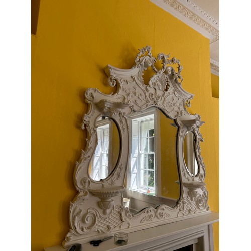 74 - A LARGE WHITE PAINTED VICTORIAN OVERMANTLE MIRROR, 

135cm x 130cm