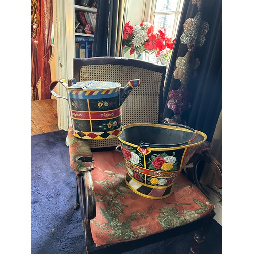 79 - AN ANTIQUE 'BARGE WARE' WATERING CAN AND COAL SCUTTLE, 

Largest 40cm x 34cm