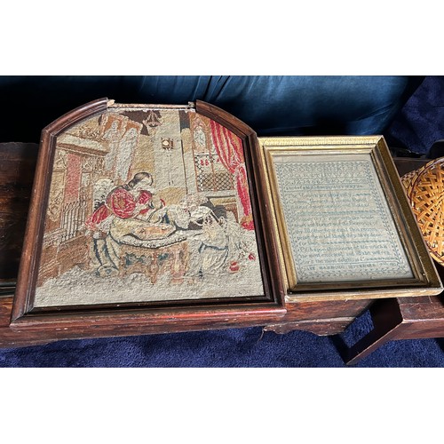 82 - AN 18TH CENTURY SAMPLER ALONG WITH A 19TH CENTURY NEEDLEPOINT PANEL, 

Sampler 34cm x 26cm, mounted ... 