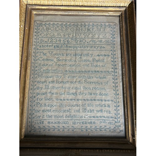 82 - AN 18TH CENTURY SAMPLER ALONG WITH A 19TH CENTURY NEEDLEPOINT PANEL, 

Sampler 34cm x 26cm, mounted ... 