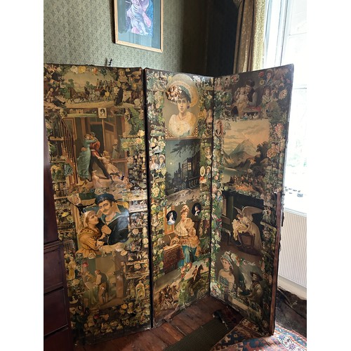 88 - AN ANTIQUE DECOUPAGE THREE FOLD SCREEN, 

Each panel 184cm x 60cm