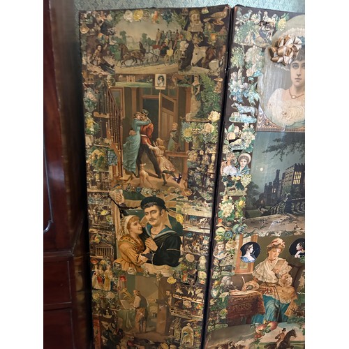 88 - AN ANTIQUE DECOUPAGE THREE FOLD SCREEN, 

Each panel 184cm x 60cm