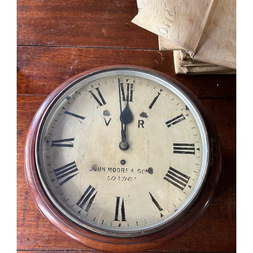 103 - AN ANTIQUE RAILWAY CLOCK BY JOHN MOORE AND SON, LONDON. 

38cm x 14cm 

With pendulum present