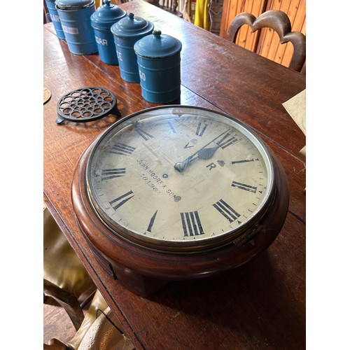 103 - AN ANTIQUE RAILWAY CLOCK BY JOHN MOORE AND SON, LONDON. 

38cm x 14cm 

With pendulum present