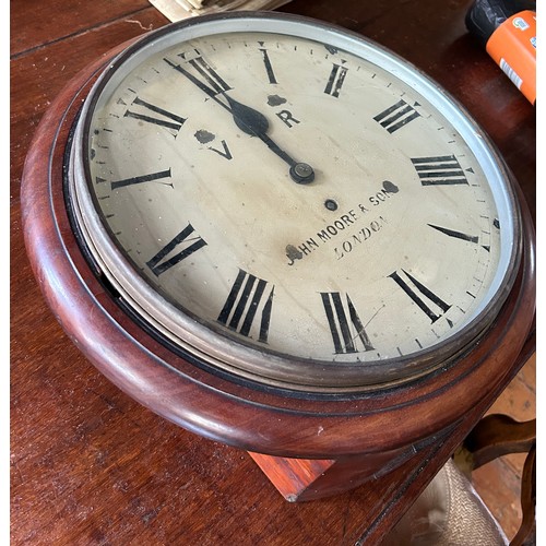 103 - AN ANTIQUE RAILWAY CLOCK BY JOHN MOORE AND SON, LONDON. 

38cm x 14cm 

With pendulum present