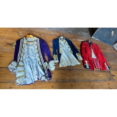 113 - THREE ANTIQUE JACKETS, PROBABLY VICTORIAN OR EDWARDIAN COSTUME FOR THEATRE PRODUCTIONS, 

One navy b... 