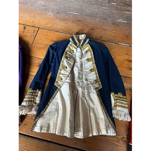 113 - THREE ANTIQUE JACKETS, PROBABLY VICTORIAN OR EDWARDIAN COSTUME FOR THEATRE PRODUCTIONS, 

One navy b... 