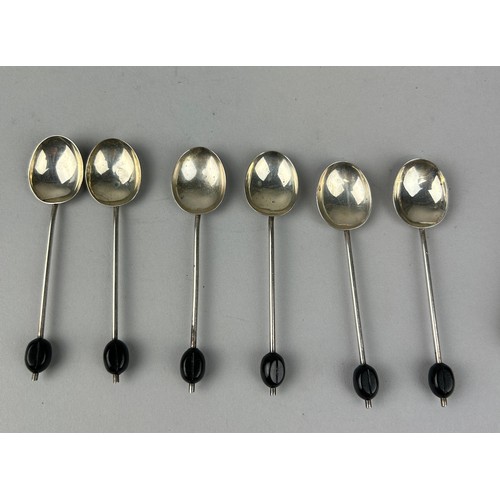 127 - A SET OF SIX SILVER 'COFFEE BEAN' TEA SPOONS ALONG WITH A CASED SET OF SIMILAR SILVER PLATE EPNS EXA... 