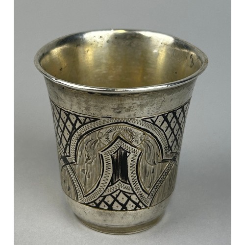 115 - A RUSSIAN SILVER NIELO SHOT GLASS, 

Weight: 38gms