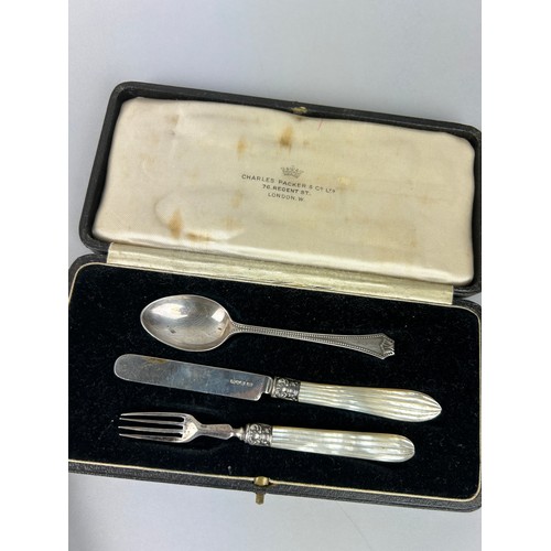 117 - A MATCHED SILVER CHRISTENING SET WITH SILVER HANDLED SHEFFIELD KNIVES,