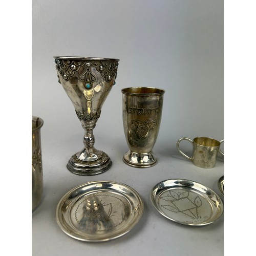 139 - A COLLECTION OF JUDAICA INTEREST SILVER WARE TO INCLUDE A LARGE MENORA MARKED 800, 

Menora (af) hei... 