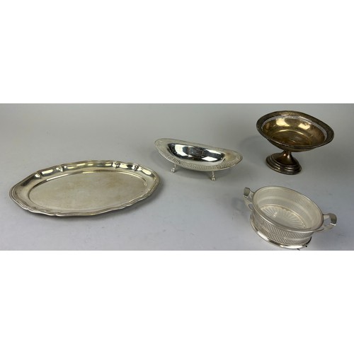 143 - A GROUP OF FOUR SILVER ITEMS TO INCLUDE AN 800 SILVER TRAY, ENGLISH OVAL DISH ON FOUR LEGS, A TWIN H... 