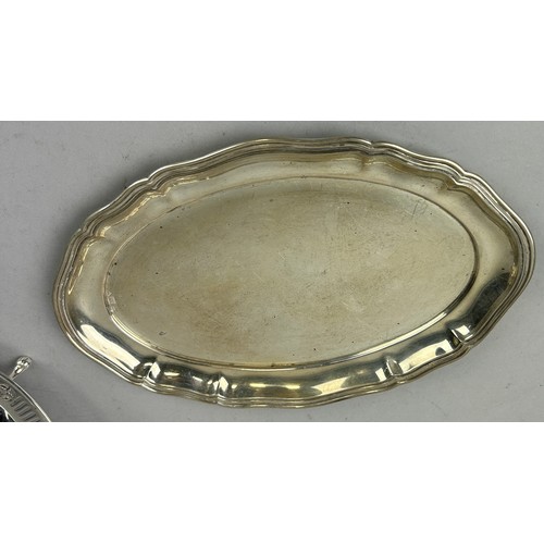 143 - A GROUP OF FOUR SILVER ITEMS TO INCLUDE AN 800 SILVER TRAY, ENGLISH OVAL DISH ON FOUR LEGS, A TWIN H... 