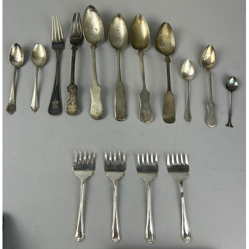 144 - A GROUP OF SILVER CUTLERY TO INCLUDE SPOONS AND FORKS, ALONG WITH FOUR CHESTER SILVER PLATED FORKS, ... 